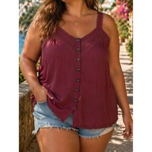 Torrid Tank Top Mauve Plus 0 Lace Trim Button Front Boho Feminine Romantic